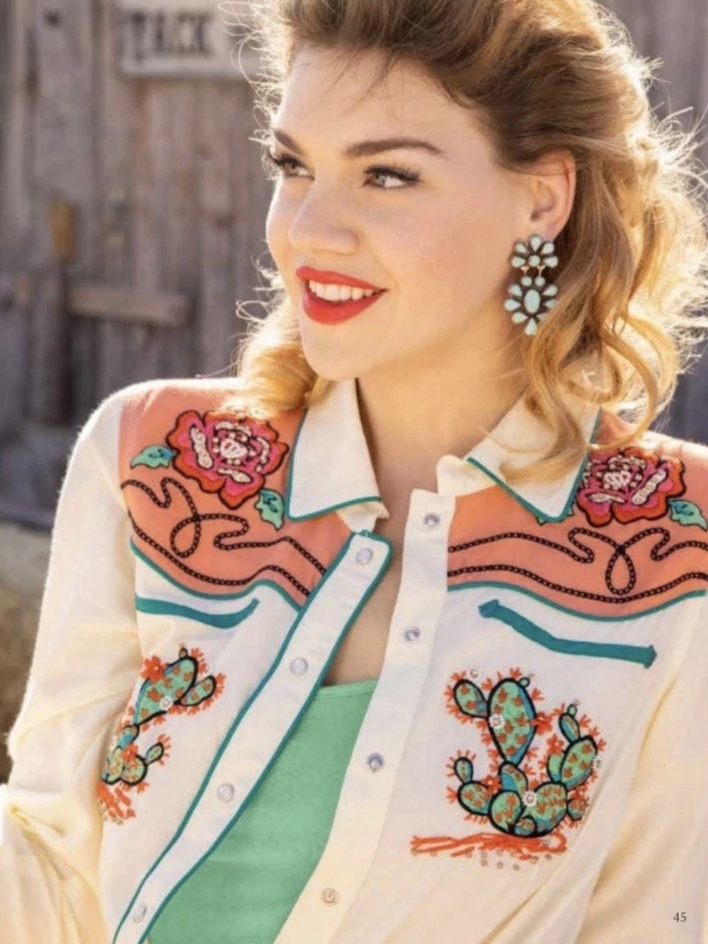 Double D Ranch Pal of the Pioneers Top embroidered beaded cactus rose RTL $395 L - Picture 2 of 4